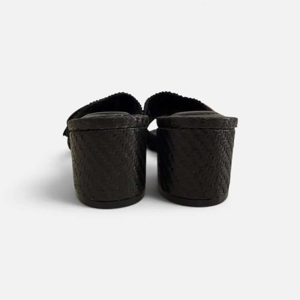 Bandolino Anni Raffia Crochet Block Black Heel Sandals, NEW! Size 8.5